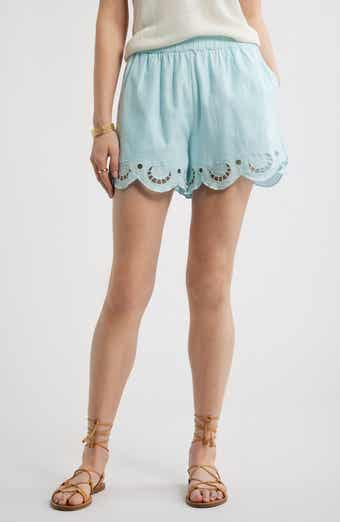 Cutwork Hem Linen Blend Pull-On Shorts