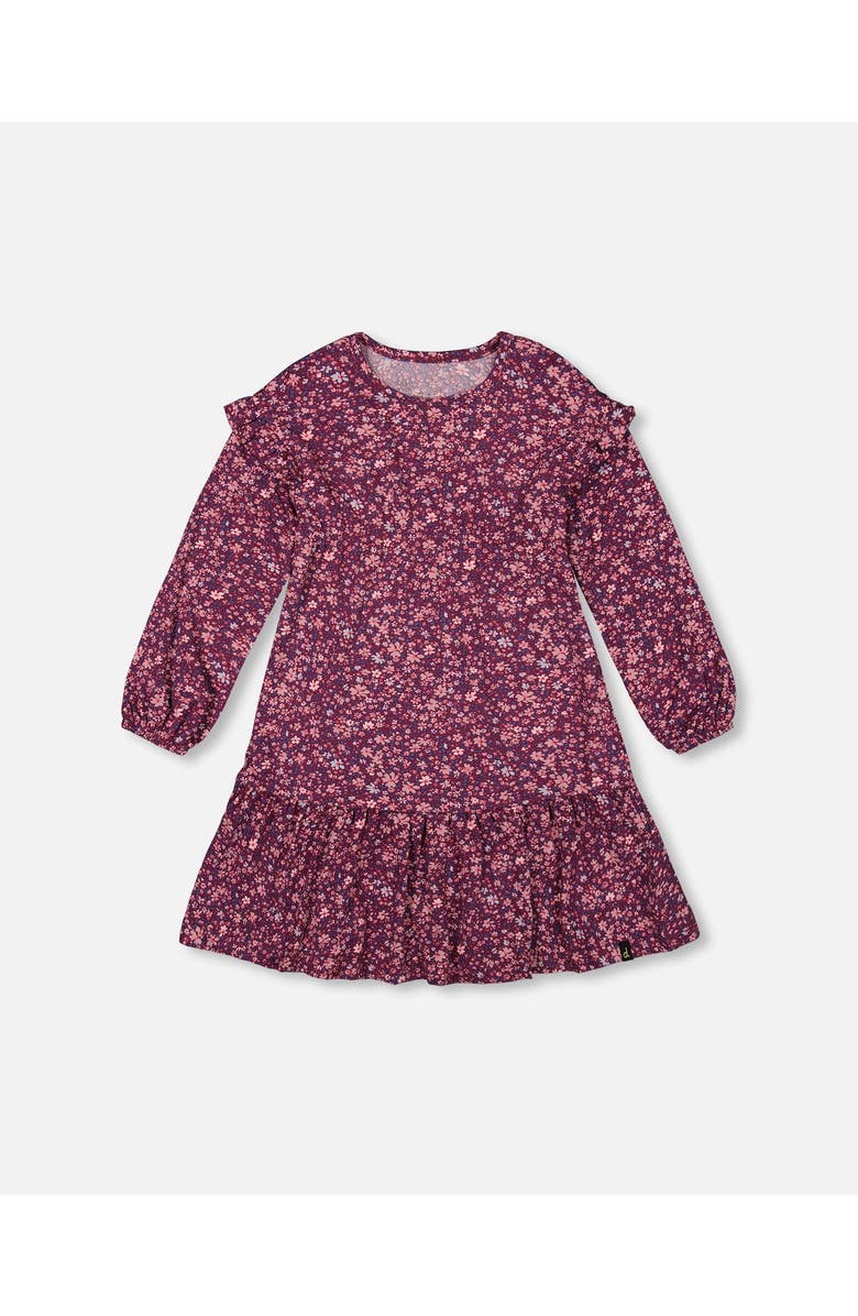 Deux par Deux Girl's Dress With Frills Burgundy Printed Little Flowers, Main, color,