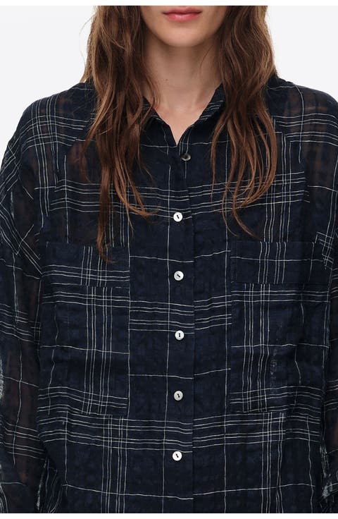 Checked linen blend oversize shirt