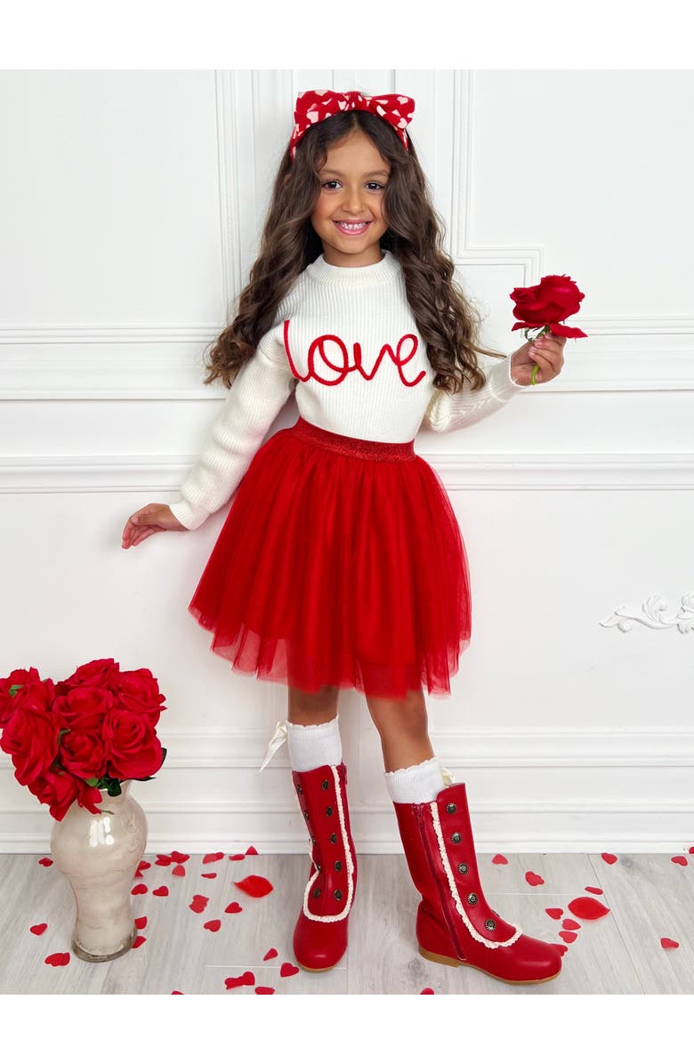 Mia Belle Girls Girls Embroidered Love Sweater and Tutu Skirt Set, Alternate, color, White