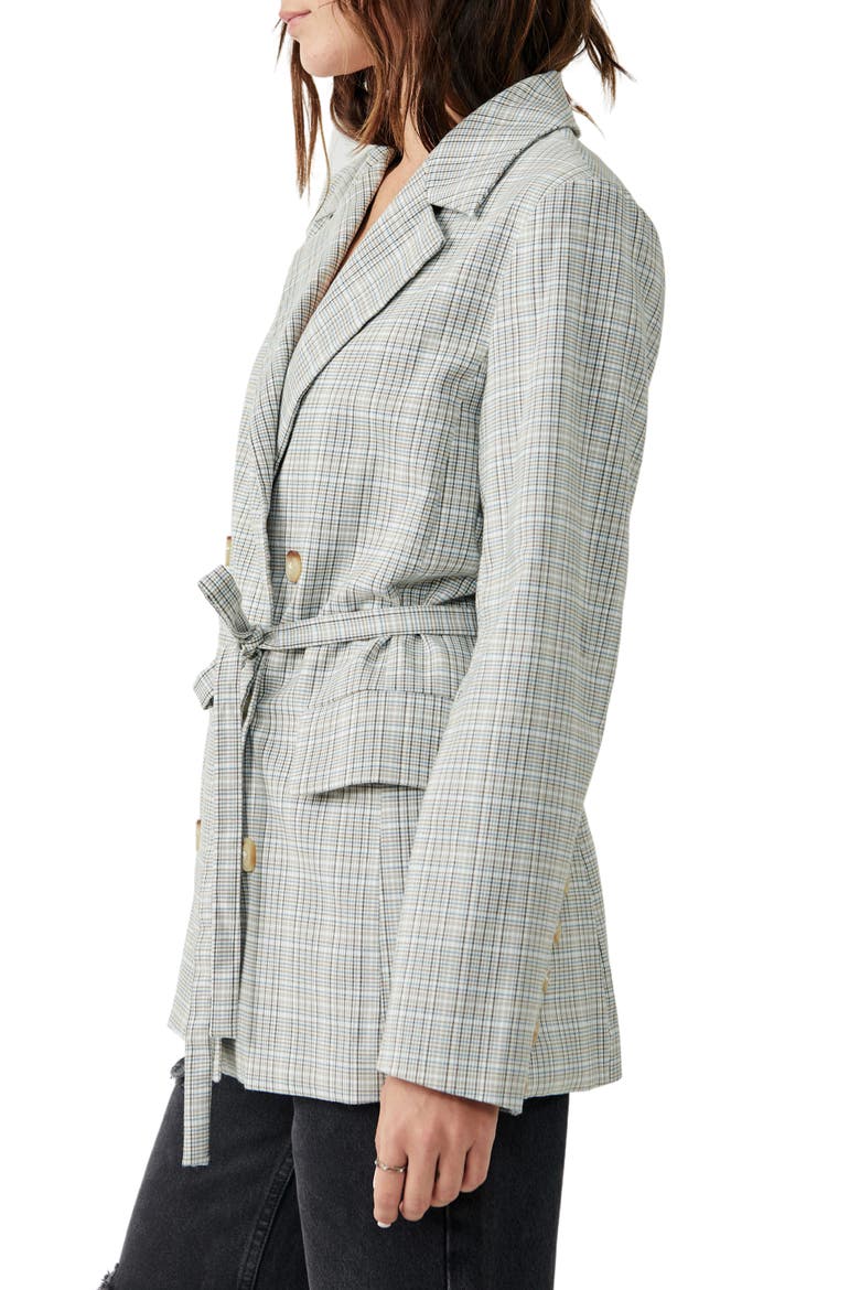 Olivia Tie Waist Plaid Double Breasted Blazer, Alternate, color, NATURAL PLAID COMBO