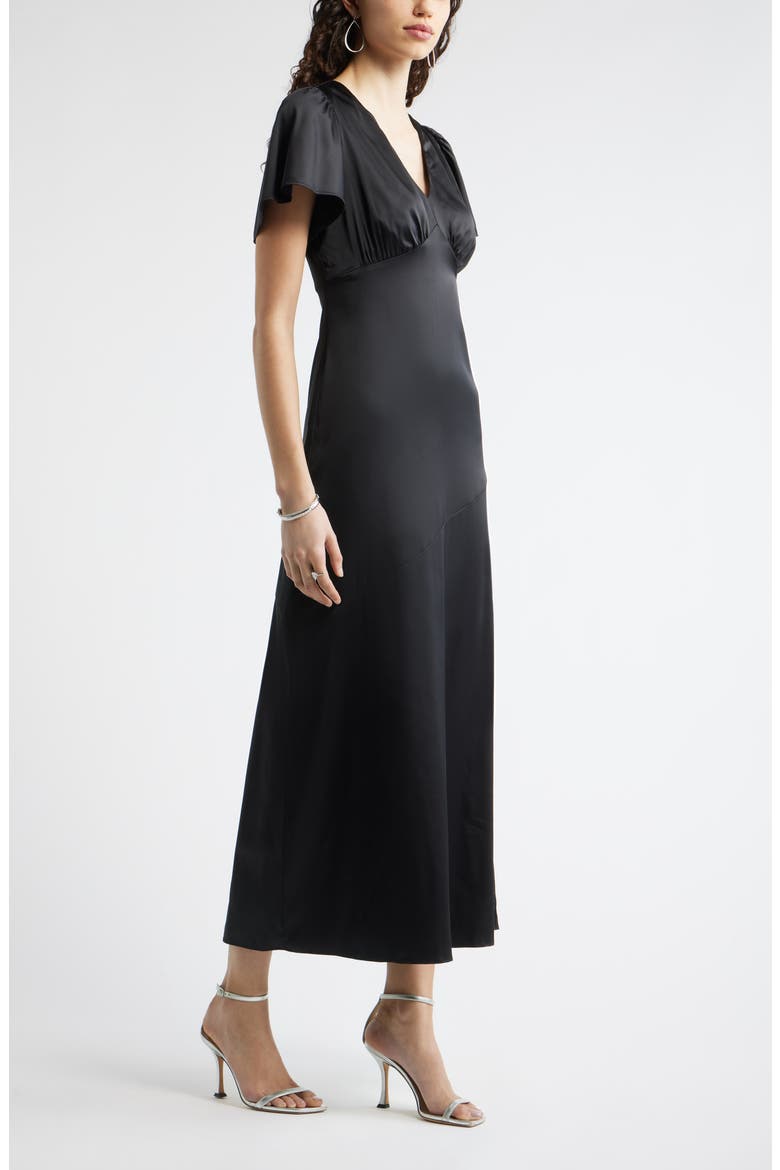 Flutter Sleeve Satin Maxi Dress, Alternate, color, BLACK
