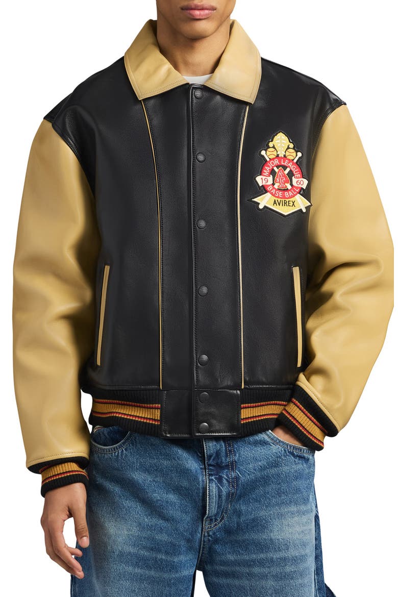Chief High Hawk Leather Varsity Jacket, Main, color, BLACK