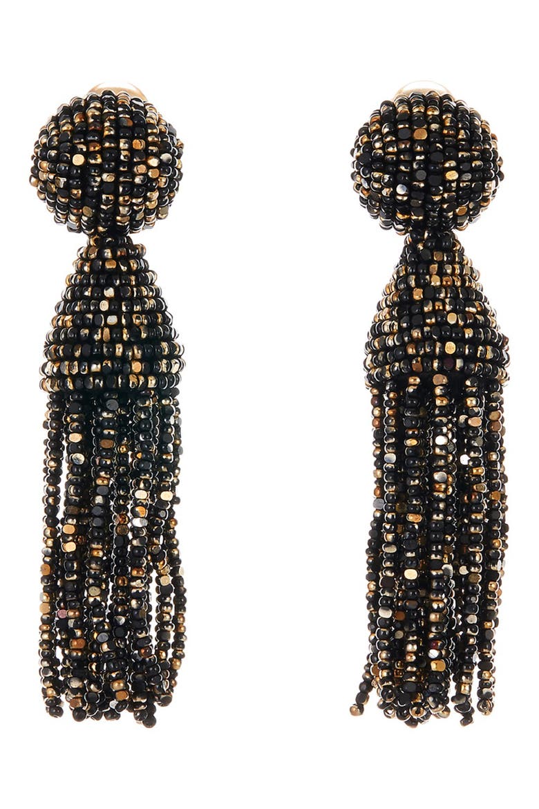 Short Beaded Tassel Clip Earrings, Main, color, BLACK/ GOLD
