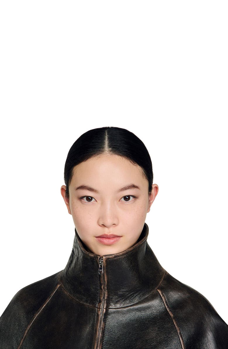 SANDRO Distressed leather jacket, Alternate, color, Brown