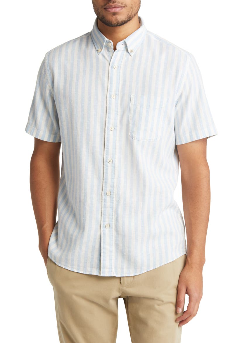 Breeze Stripe Short Sleeve Hemp Blend Button-Down Shirt, Main, color, SKY SHELL STRIPE