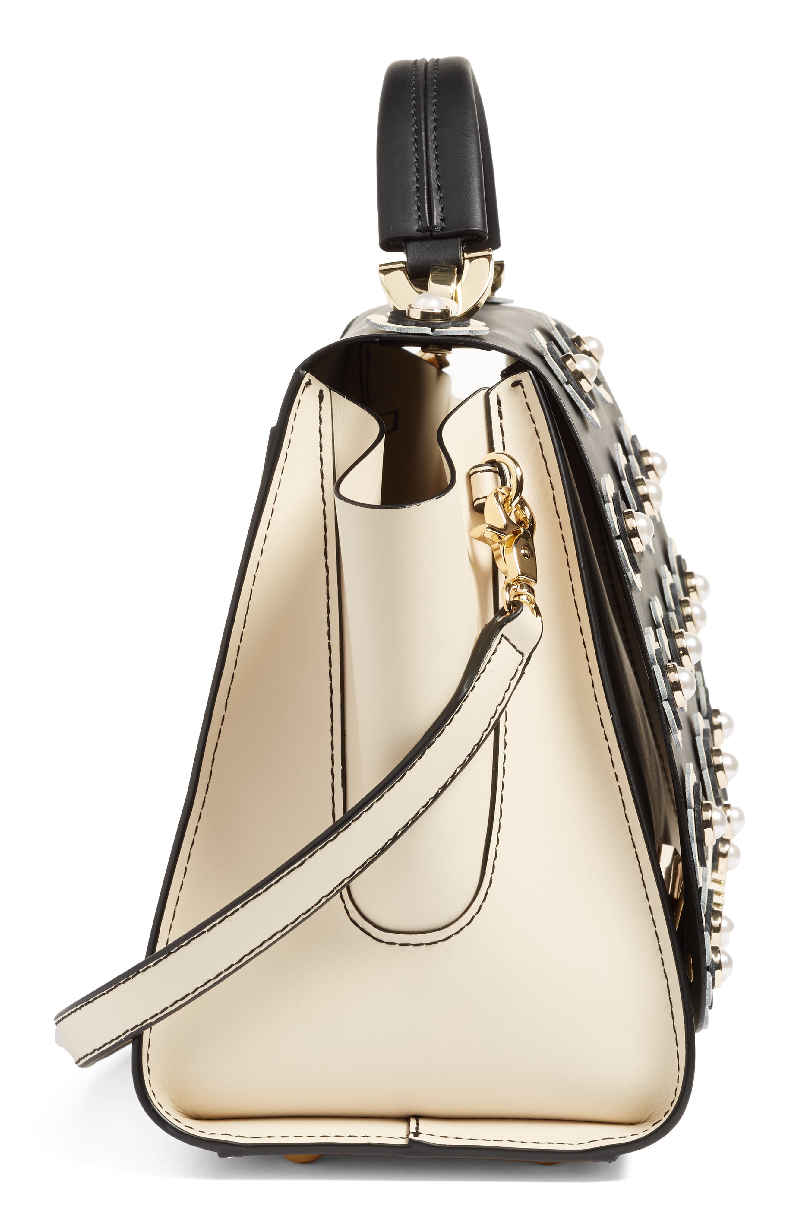 Eartha Embellished Leather Top Handle Satchel, Alternate, color, BLACK/ WHITE FLORAL APP
