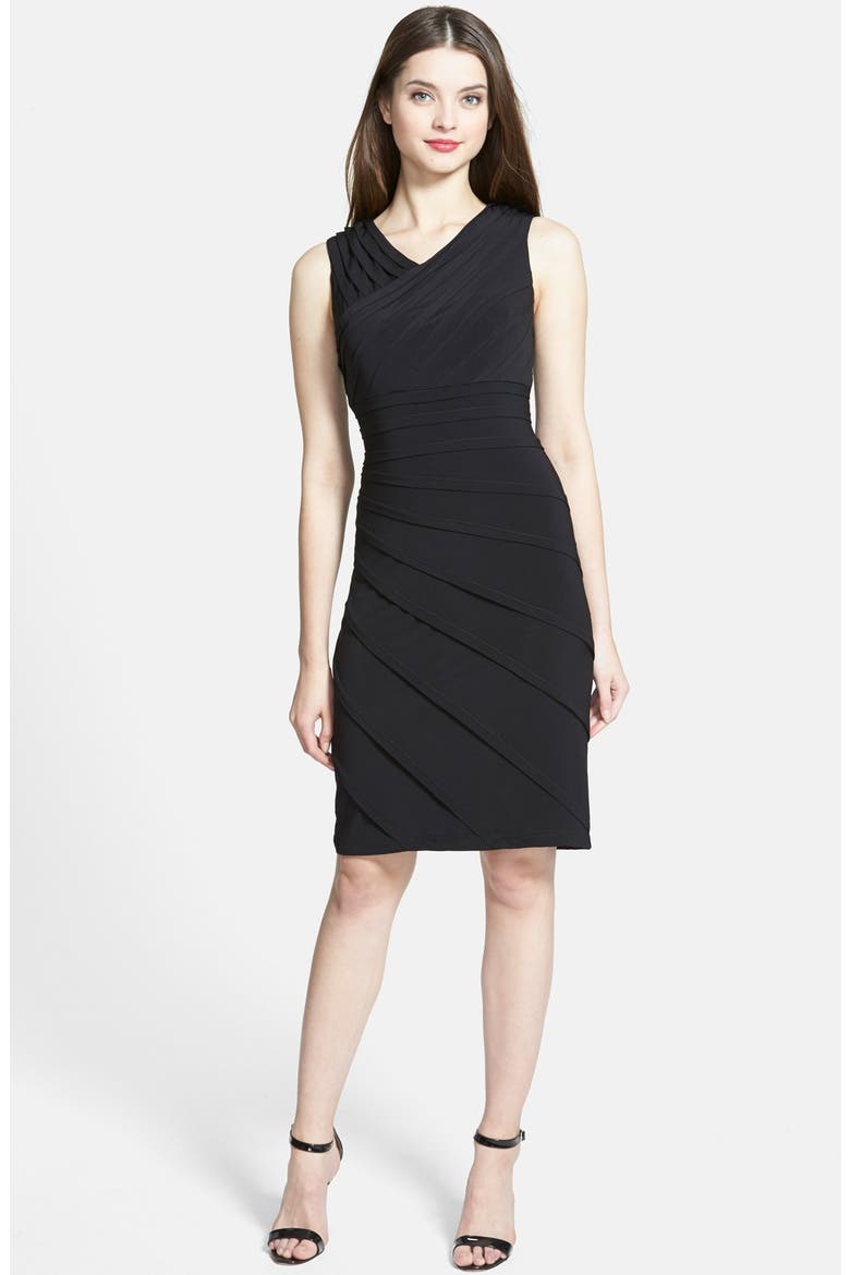 V-Neck Shutter Pleat Sheath Dress, Alternate, color, BLACK