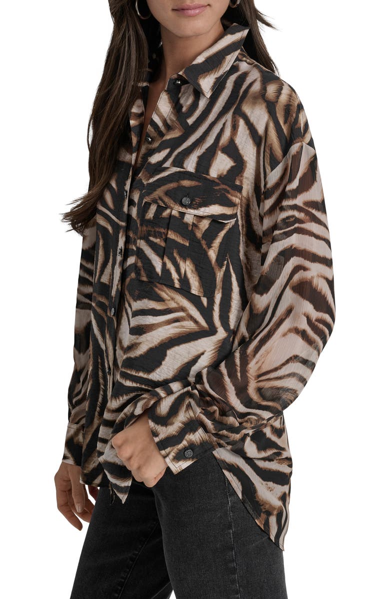 DKNY Printed Rumple Button-Up Shirt, Alternate, color, Black/ Brown Blurred Print