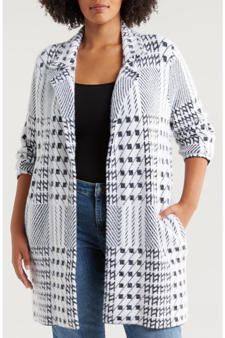 Open Front Sweater Coat, Main, color, BLACK WHITE MIXED PLAID