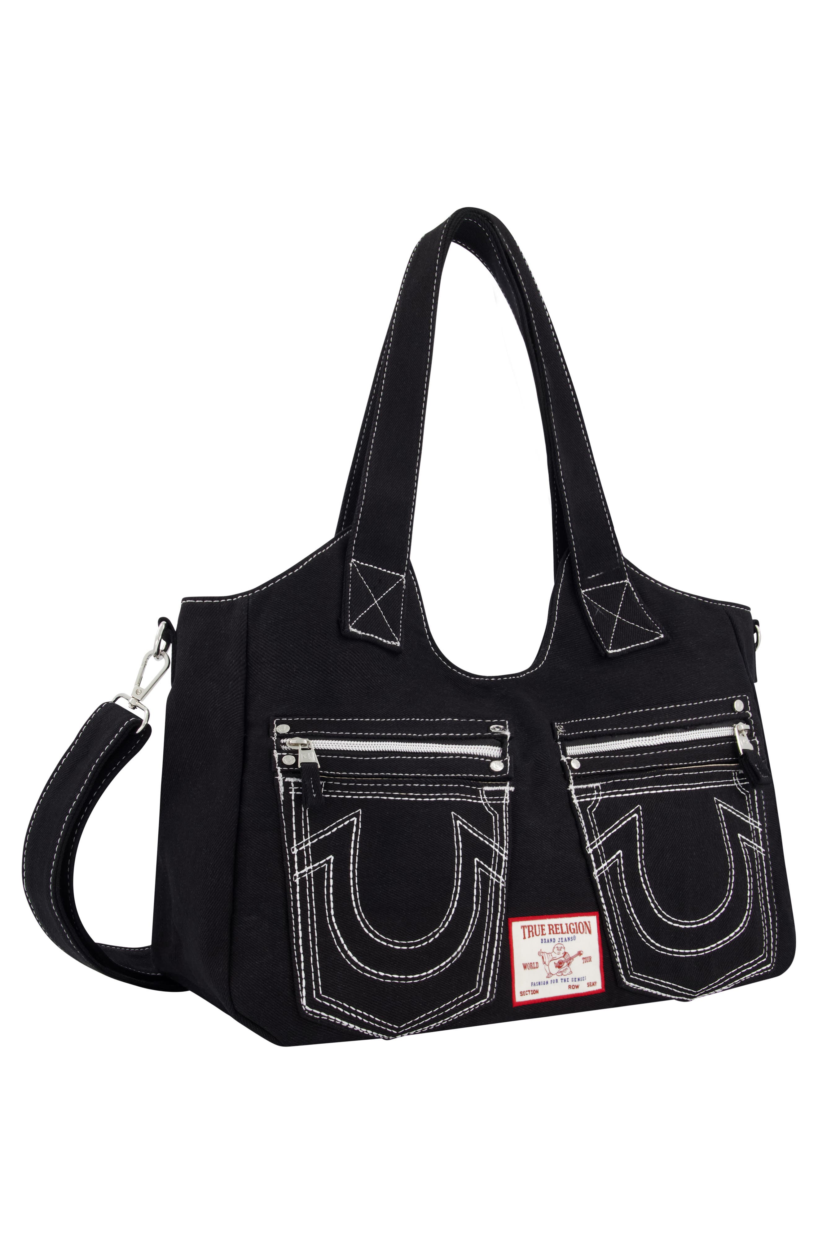 True Religion Brand Jeans Horseshoe Stitched Denim Shoulder Bag, Alternate, color, Black