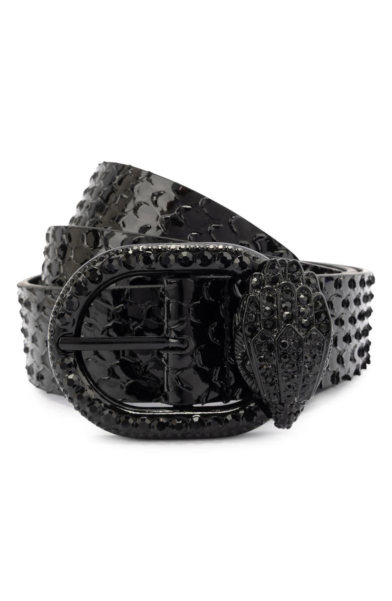Kurt Geiger London Mayfair Crystal Eagle Head Snake Print Leather Belt, Main, color,