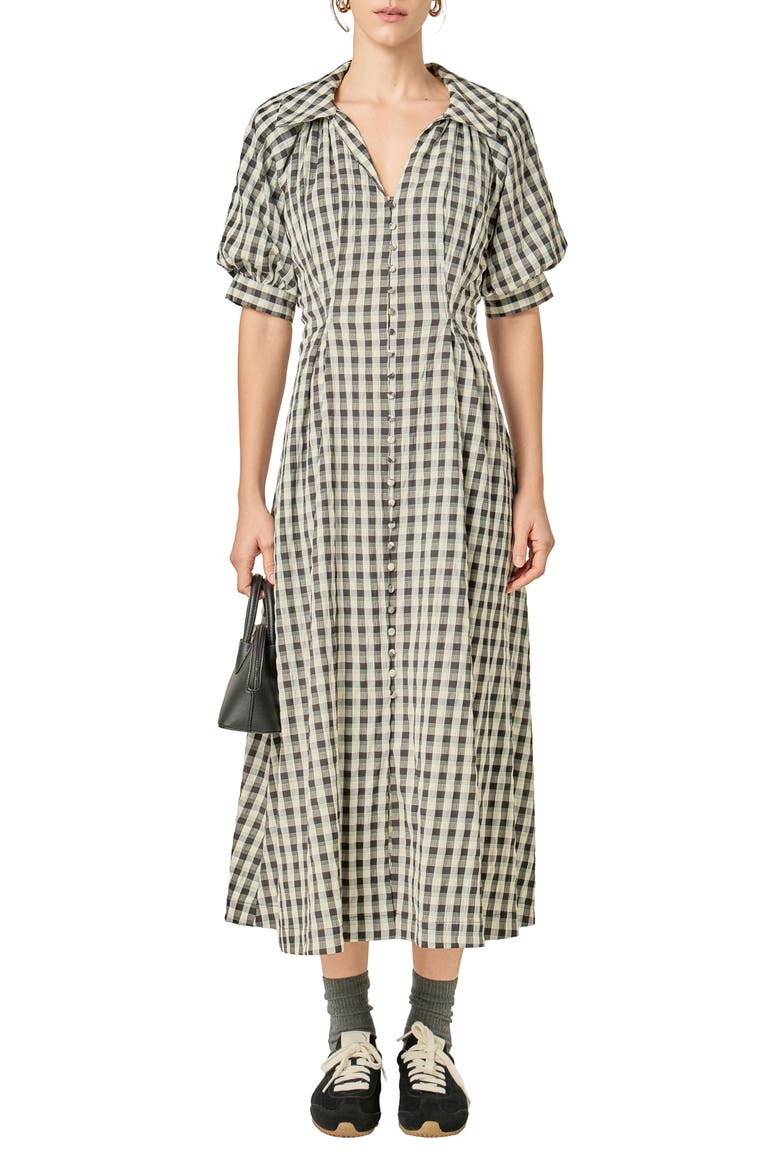 Gingham Puff Sleeve Seersucker Shirtdress, Main, color, BLACK