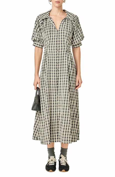 English Factory Gingham Puff Sleeve Seersucker Shirtdress