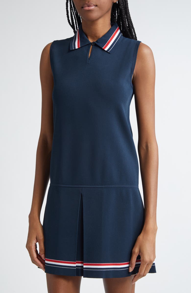 Thom Browne Pleated Skirt Sleeveless Polo Dress, Alternate, color, Navy