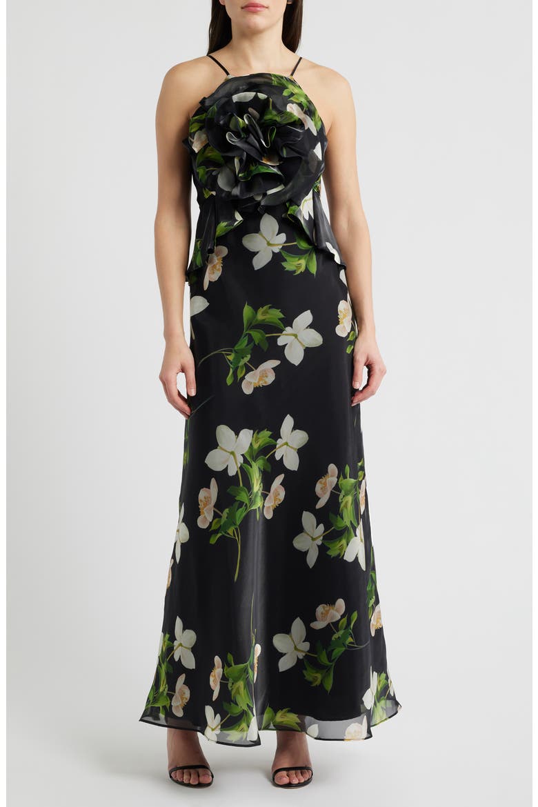 Floral Organza Gown, Main, color, BLACK MULTI