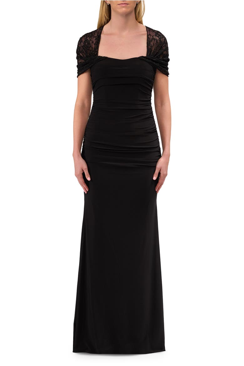 Long Evening Dress with Ruching and Lace Sleeve, Main, color, Black