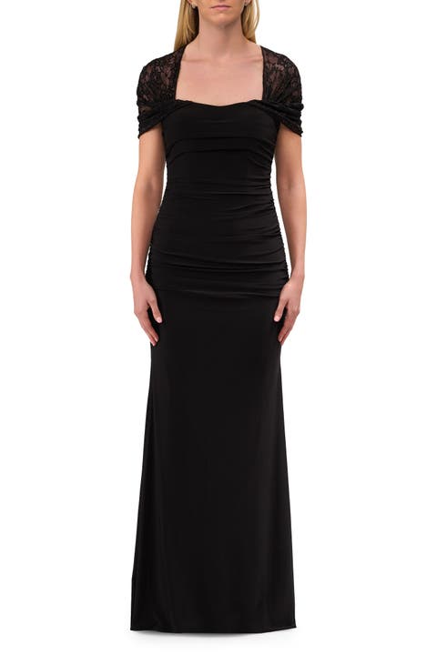 Long Evening Dress with Ruching and Lace Sleeve