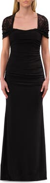 La Femme Long Evening Dress with Ruching and Lace Sleeve