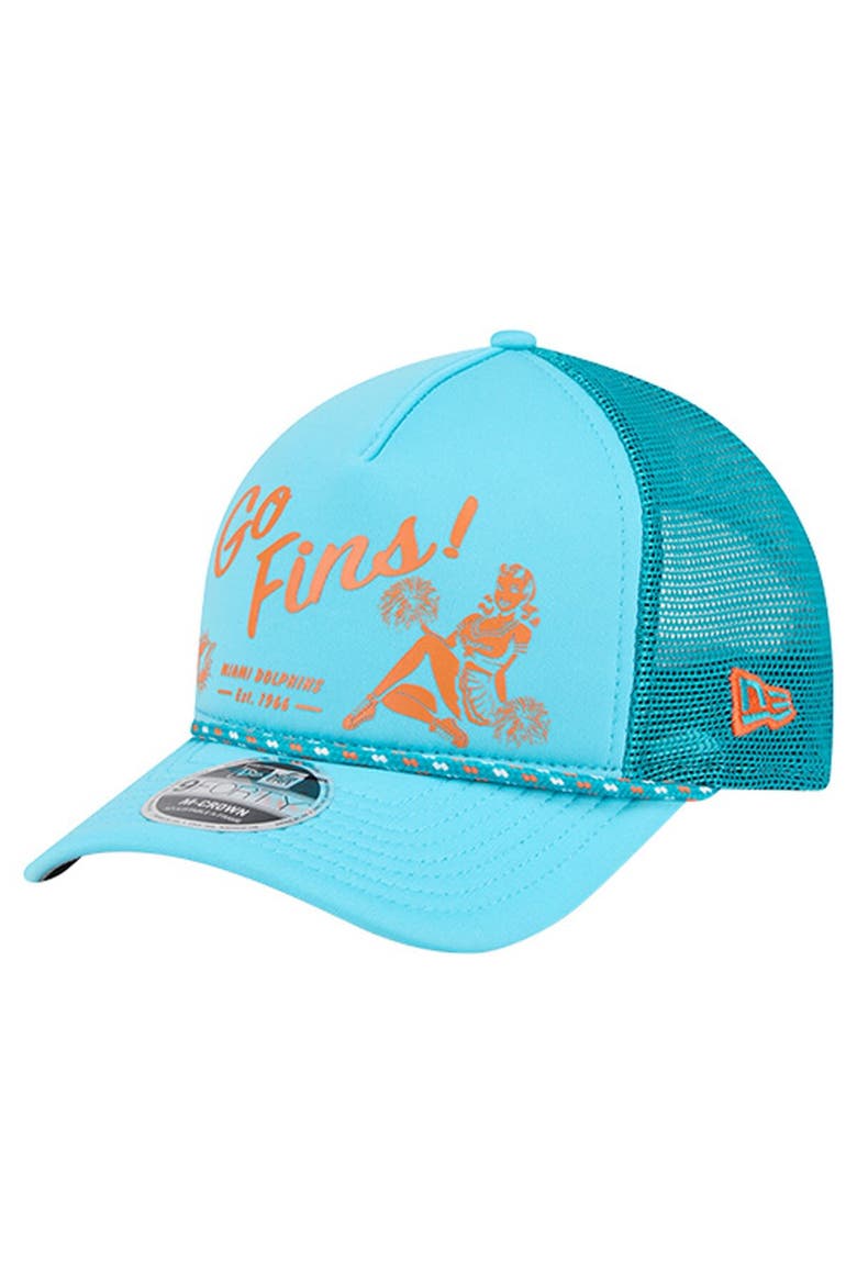 Men's New Era Aqua Miami Dolphins Gas Station 9FORTY A-Frame M-Crown Adjustable Trucker Hat, Main, color, Aqua