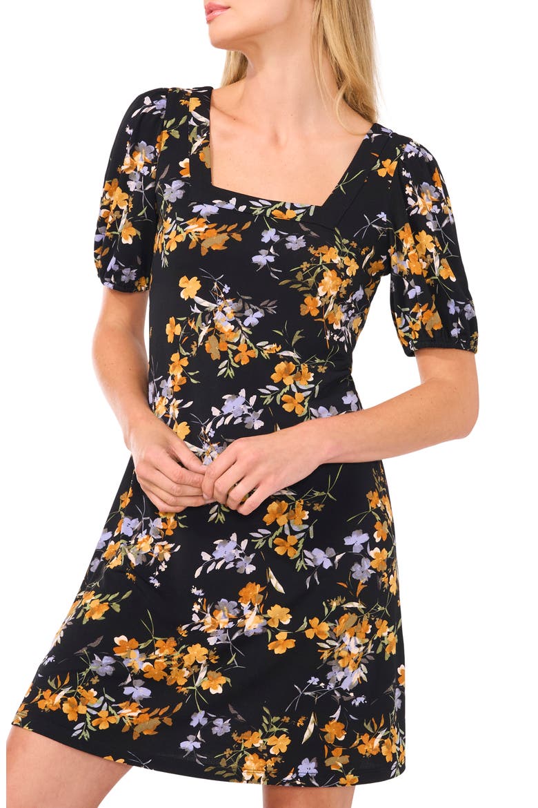 Floral Square Neck Crepe Knit Dress, Alternate, color, RICH BLACK
