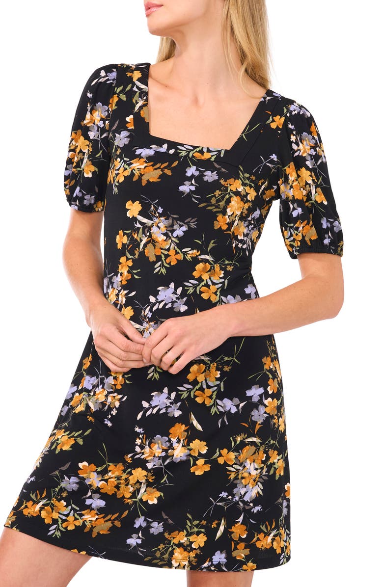 CeCe Floral Square Neck Crepe Knit Dress, Alternate, color, Rich Black