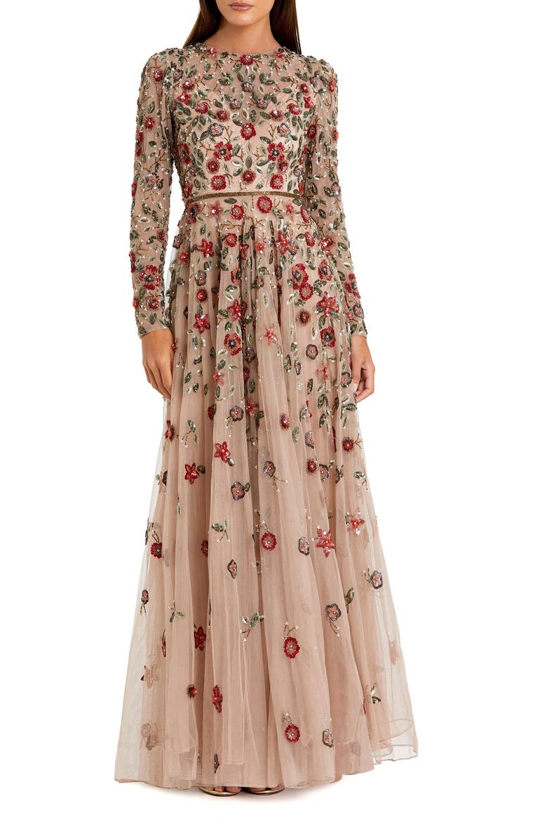 Petite Embellished High Neck Long Sleeve A-Line Gown, Main, color, Antique Rose