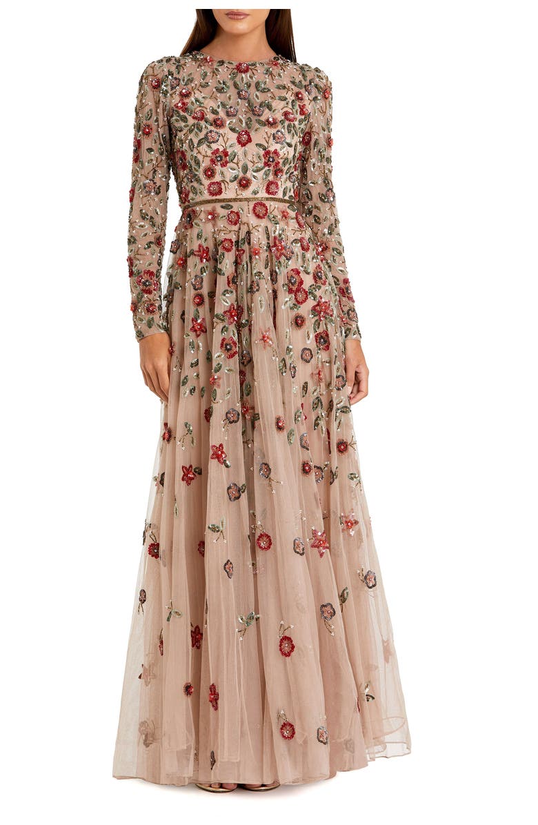 Mac Duggal Petite Embellished High Neck Long Sleeve A-Line Gown, Main, color, Antique Rose