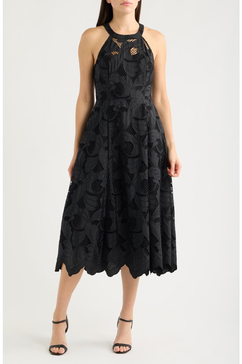 Denise Floral Openwork Halter Neck Midi Dress, Main, color, NOIR SWAY WITH ME
