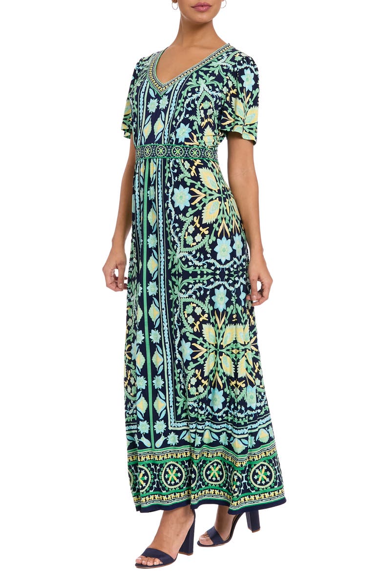 London Times V-Neck Short Sleeve Maxi Dress, Alternate, color, Navy/ Green