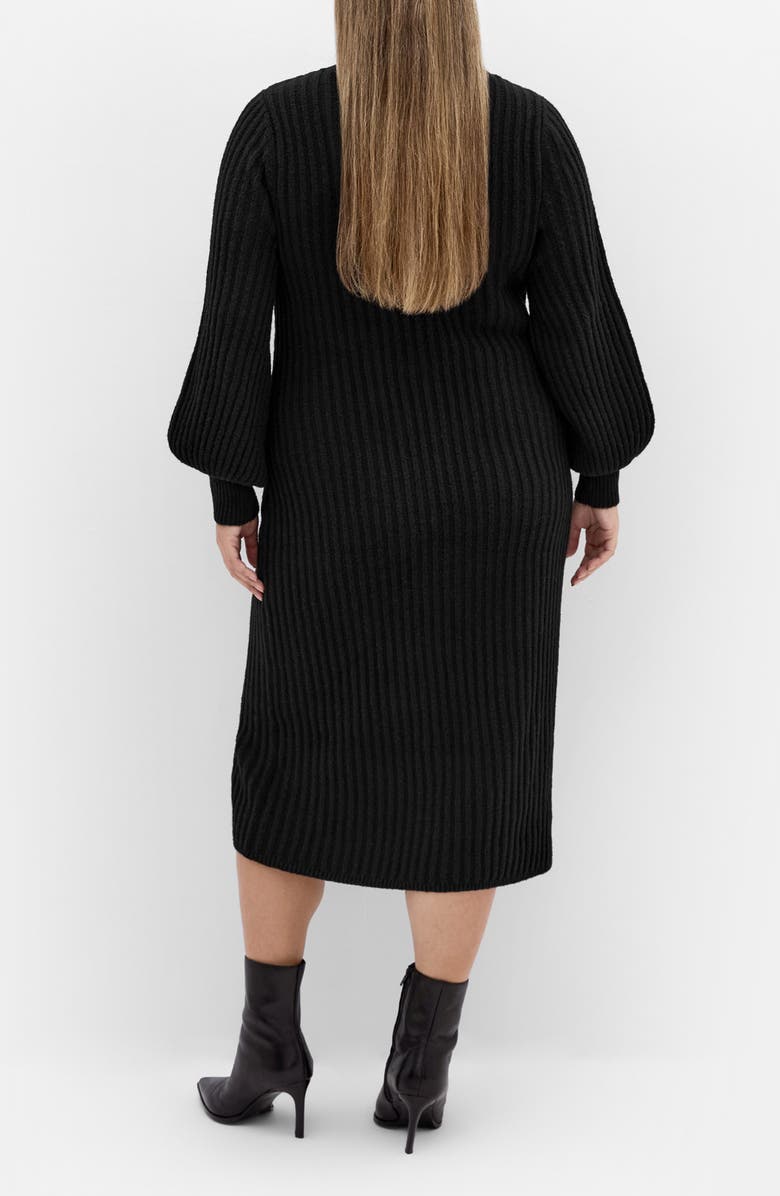 City Chic Sarah Long Sleeve Rib Sweater Midi Dress, Alternate, color, Black