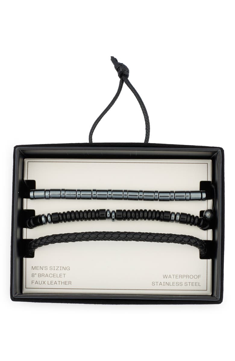 NORDSTROM RACK 3-Pack Mixed Faux Leather & Bead Bracelets, Main, color, Black- Stainless