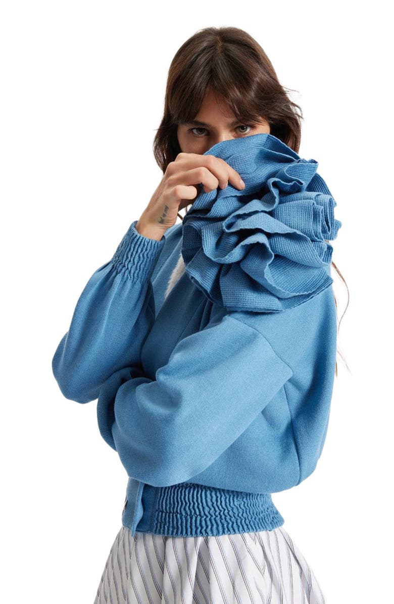 THEO The Label Nomia Ribbed Waist Rosette Cardigan, Alternate, color, Retro Blue