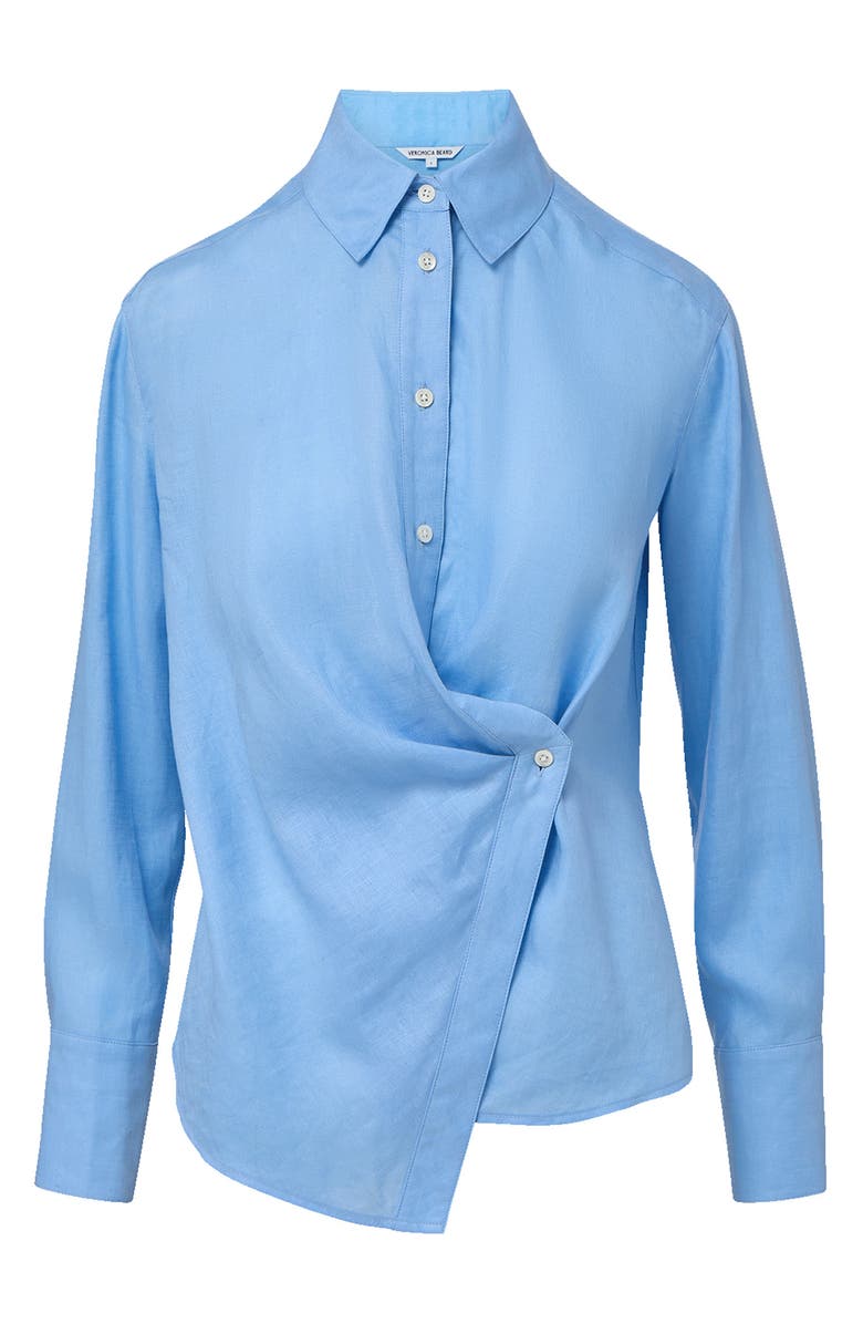 Veronica Beard Perezzi Asymmetric Linen Button-Up Shirt, Alternate, color, Blue Jay