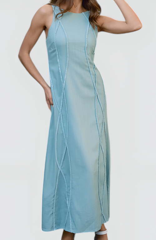 Modenaire Sleeveless Maxi Dress With Textured Trim And Flowing Silhouette In Blue