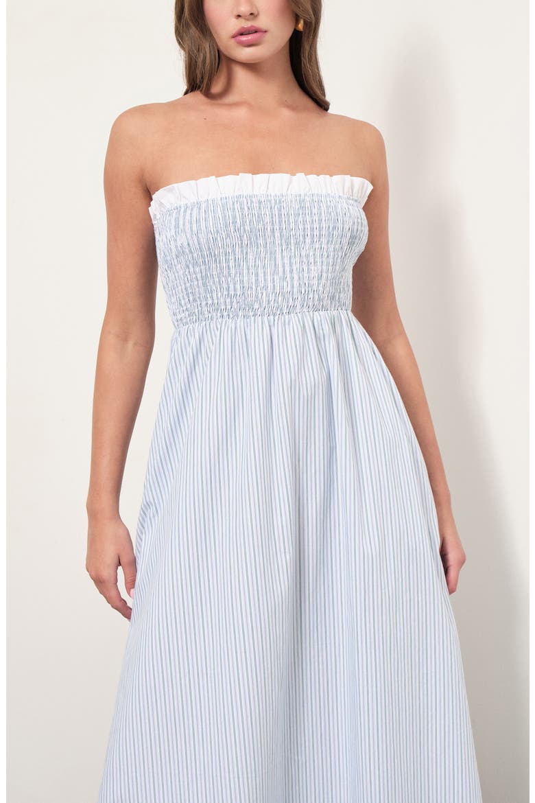 Alicia Stripe Ruffle Trim Strapless Midi Dress, Alternate, color, BLUE GREEN STRIPE