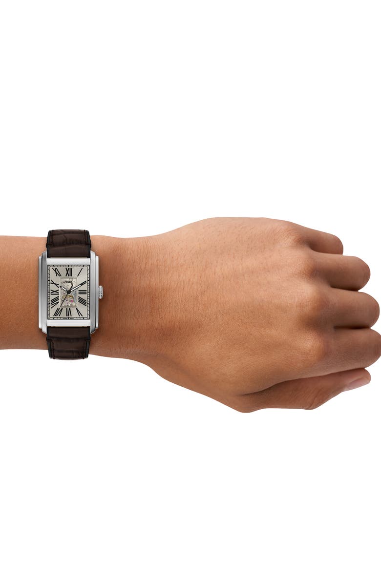 Fossil Carraway Open Heart Leather Strap Watch, 30mm x 42mm, Alternate, color, Brown/ White