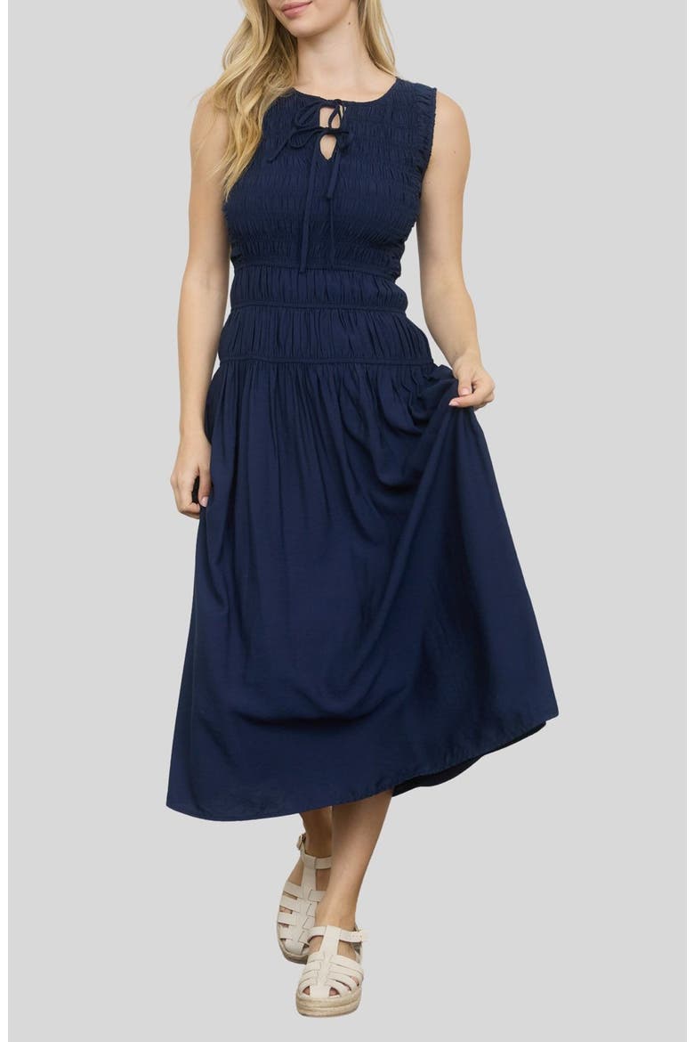 Smock Bodice Midi Dress, Alternate, color, NAVY
