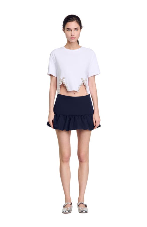 Sandro Womens Naturels Crystal-embellished Cut-out Cotton-blend T-shirt In White