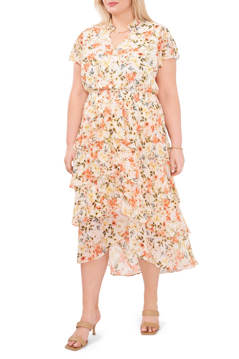 Smocked Ruffle Tiered Midi Dress, Main, color, WHITE