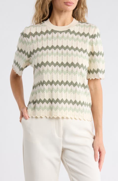 Zigzag Short Sleeve Pointelle Sweater