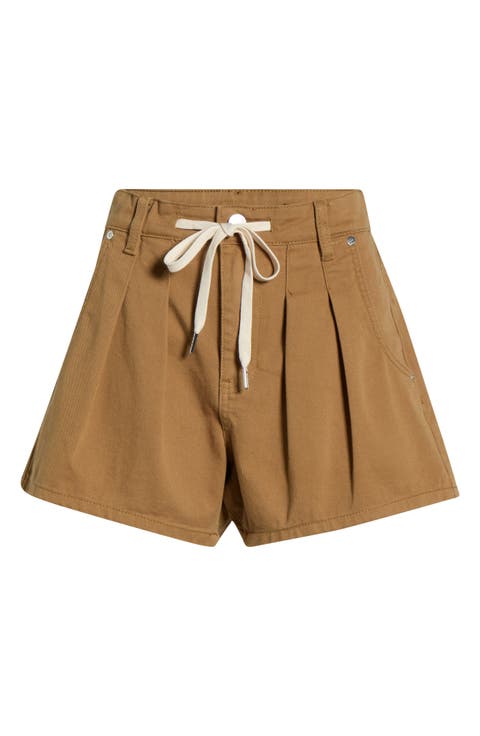 Drawstring Waist Pleated Cotton Twill Shorts
