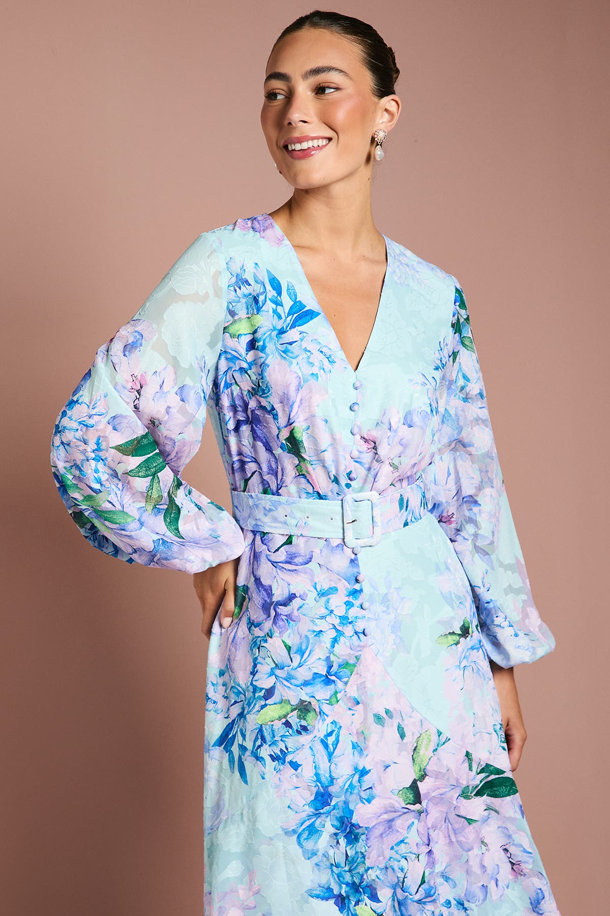 Long Sleeve Chiffon Belted Maxi Dress - image 2