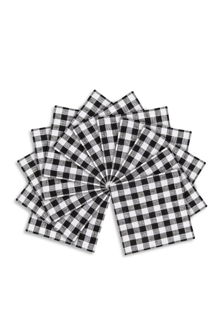 Linen Cocktail Napkins Set of 12, 6 x 6" - Gingham Check, Main, color, Black