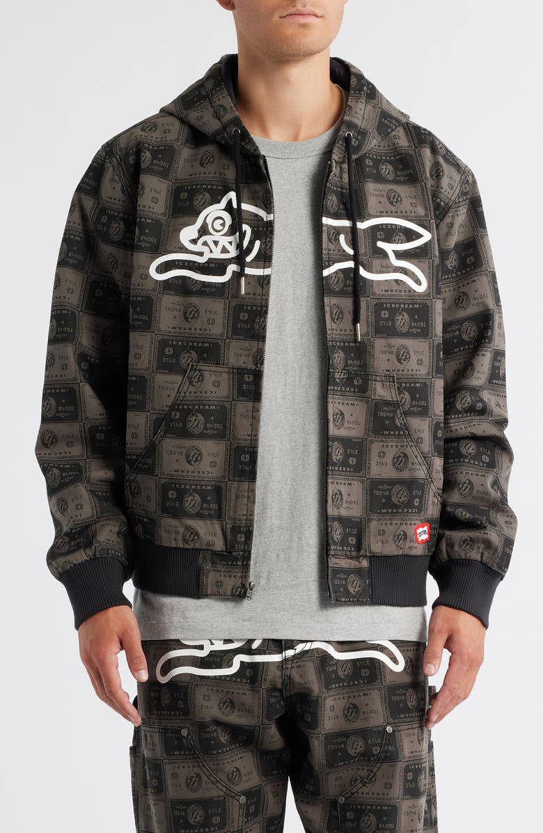 ICECREAM Credit Check Workwear Zip-Up Cotton Graphic Hoodie, Main, color, Dark Gull Grey