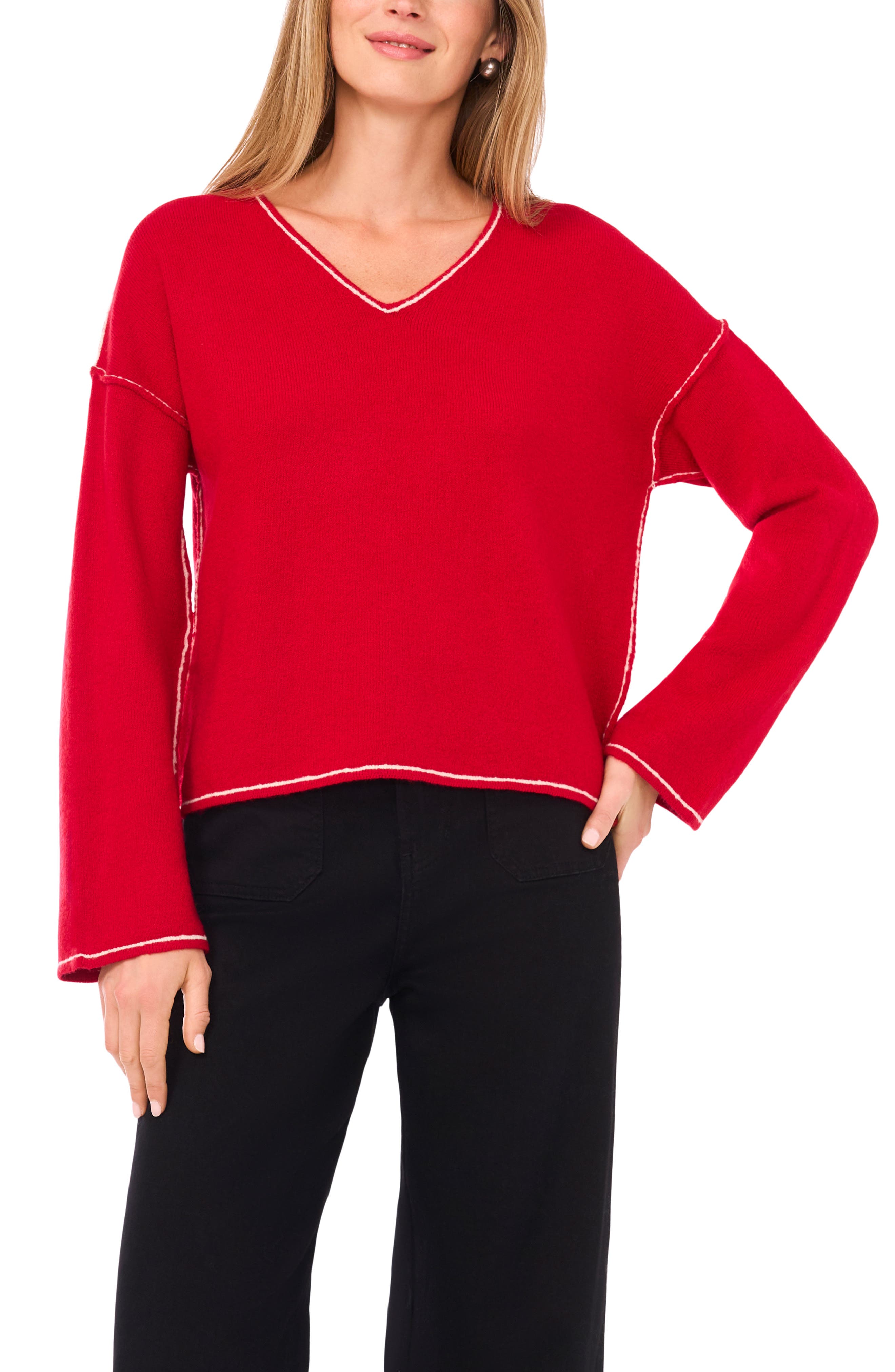 Vince Camuto Contrast Detail V-Neck Sweater