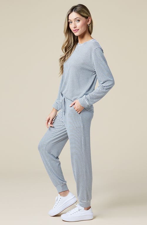 Softies Dream Jersey Long Sleeve Crew Neck Lounge Set With Jogger Pant In Indigo-white Stripe