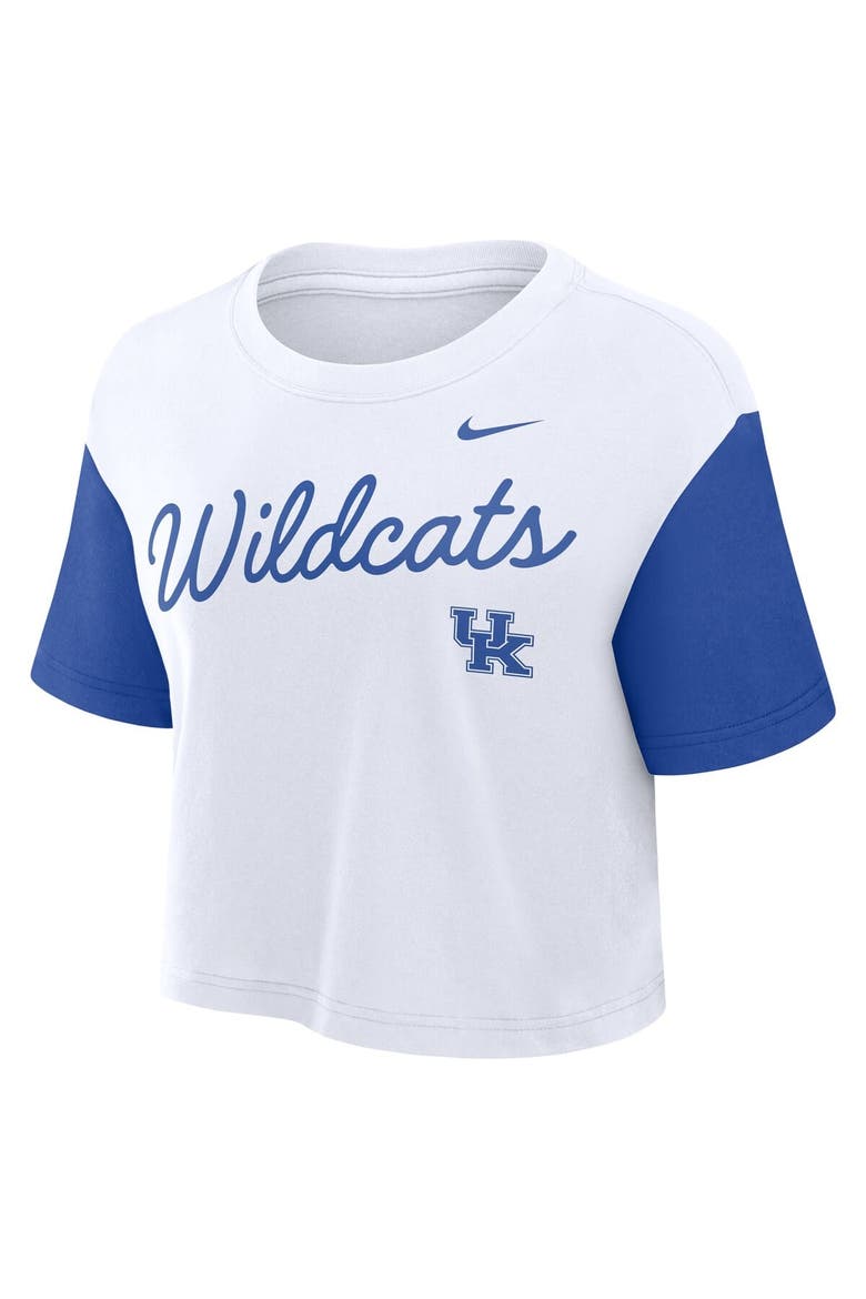 Women's Nike White/Royal Kentucky Wildcats Color-Block Script Performance Cropped T-Shirt, Alternate, color, White