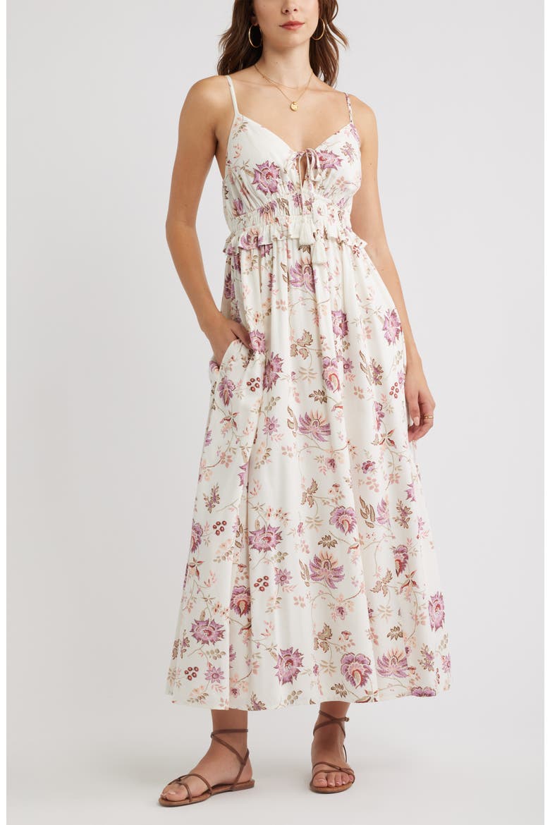 Floral Peplum Maxi Dress, Main, color, IVORY- PINK COTTAGE FLORAL