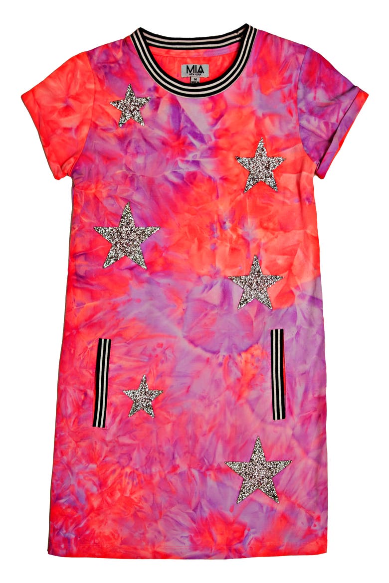Kids' Star Accent T-Shirt Dress, Main, color, RED/ PURPLE/ PINK TIE DYE